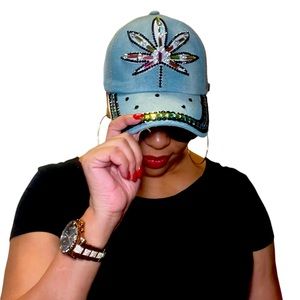 Bejeweled Flower distressed denim hat/adjustable denim cap